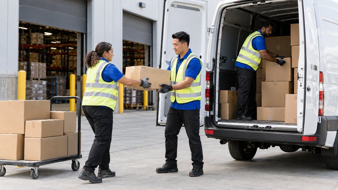 Warehouse crew loading a delivery van at a dock door