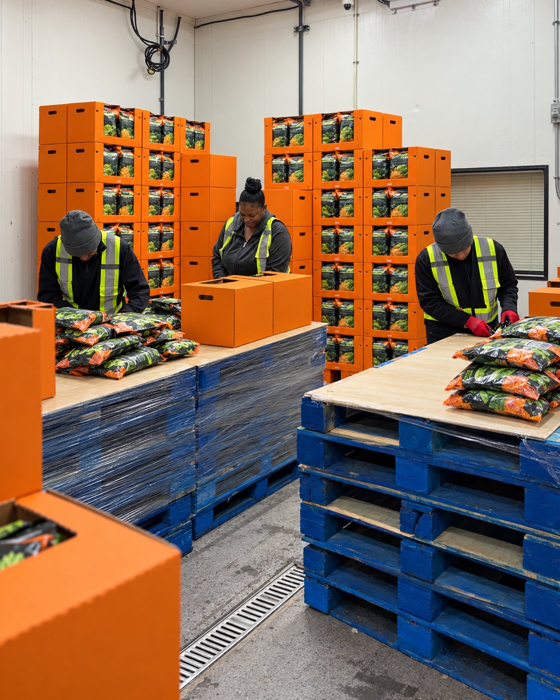 Express Lumpers associates packing retail-ready produce bags into crates